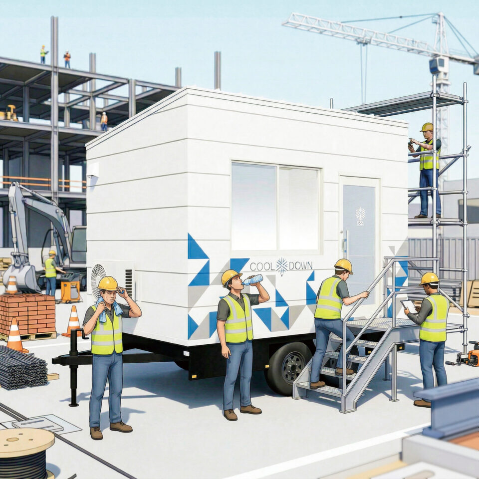 トレーラーハウスデベロップメントの熱中症対策室トレーラーは、農作業などの屋外の作業や、建設現場へ設置するだけ。移動可能なエアコン付休憩所として猛暑から人々を守るトレーラーハウスです。